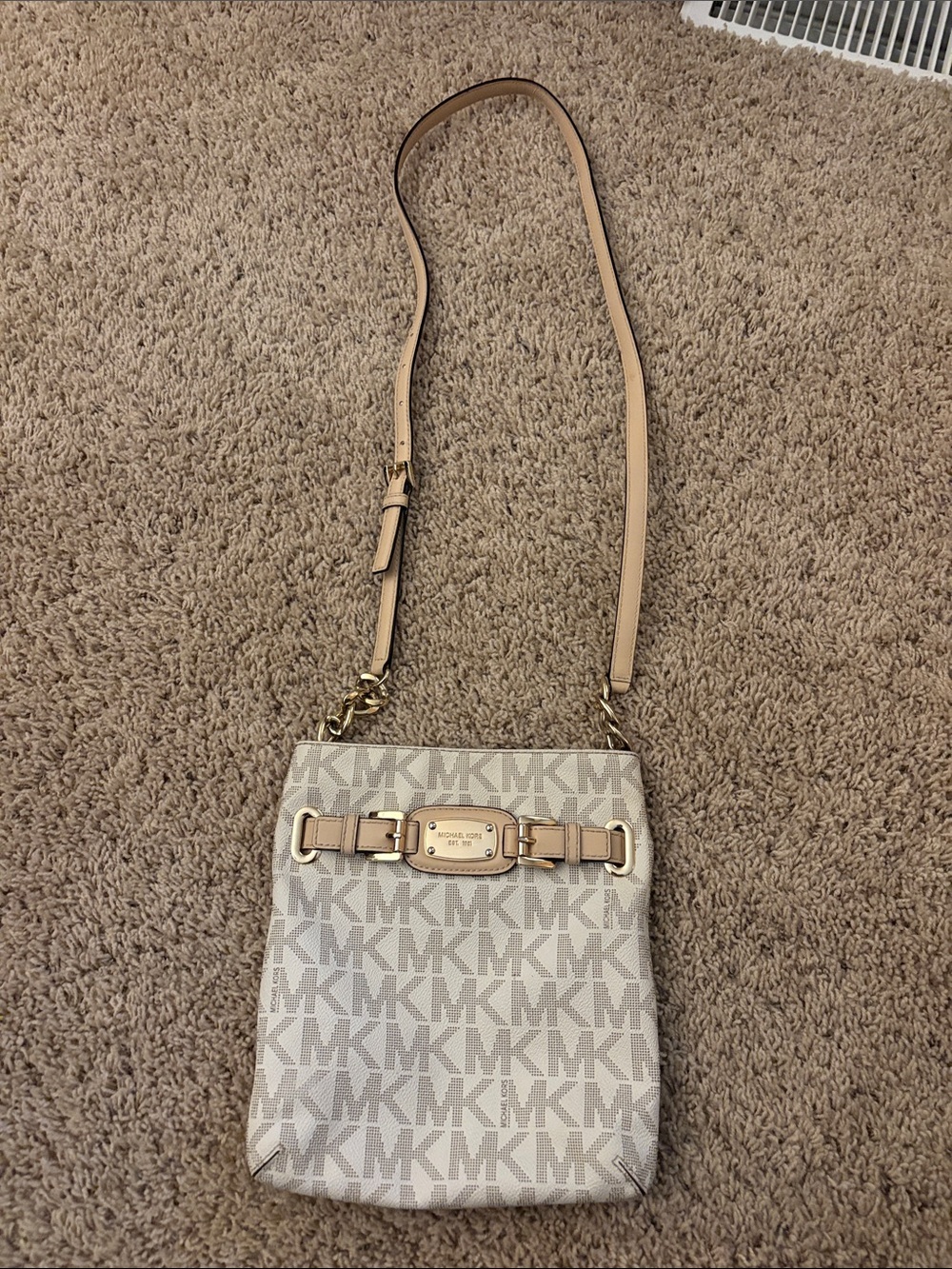 Michael Kors Light Beige MK Signature Crossbody with Gold Hardware